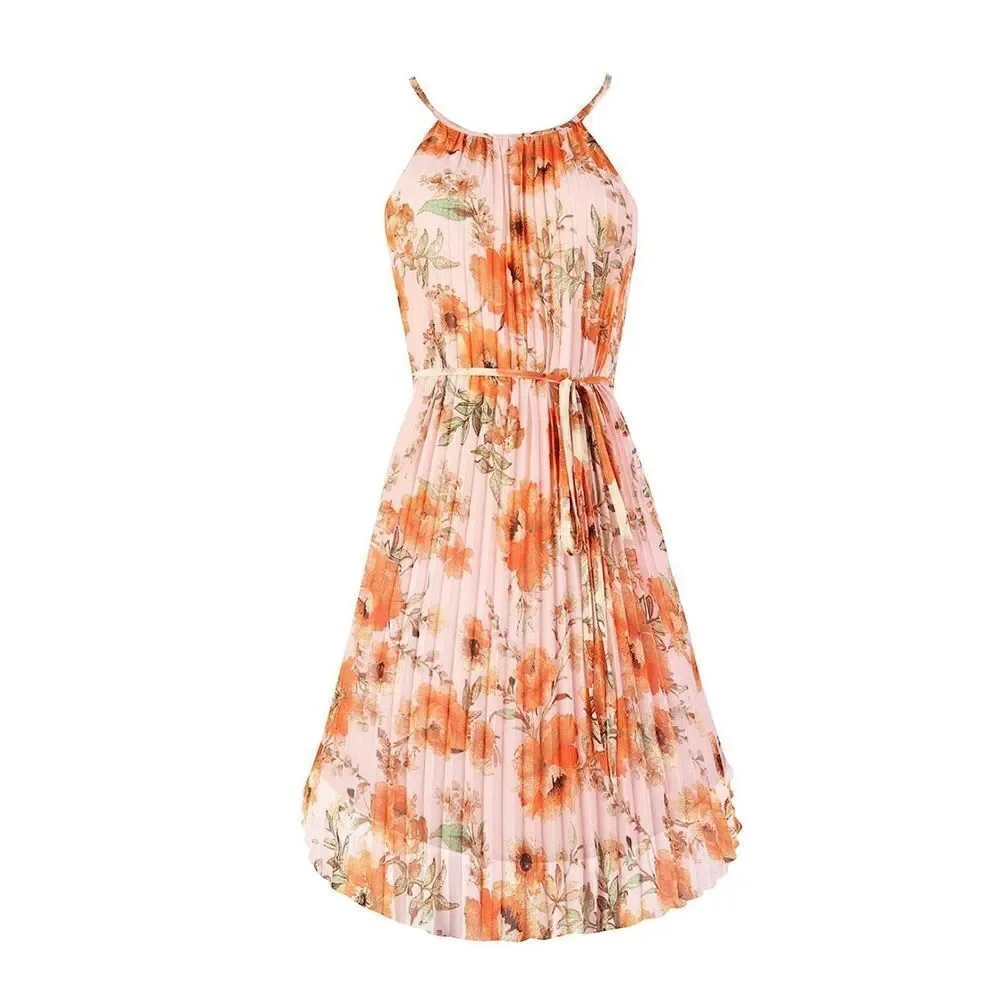 Women's Summer Spaghetti Strap Pleated Casual Swing Midi Dress with Belt - Picture 3 of 6